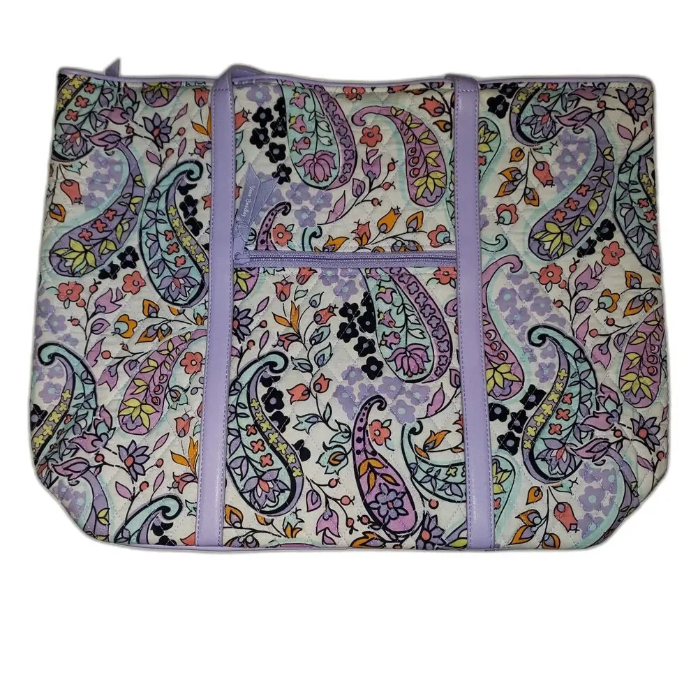 VERA BRADLEY Maddalena Paisley Soft Trimmed Vera Tote Bag White and Purple NEW